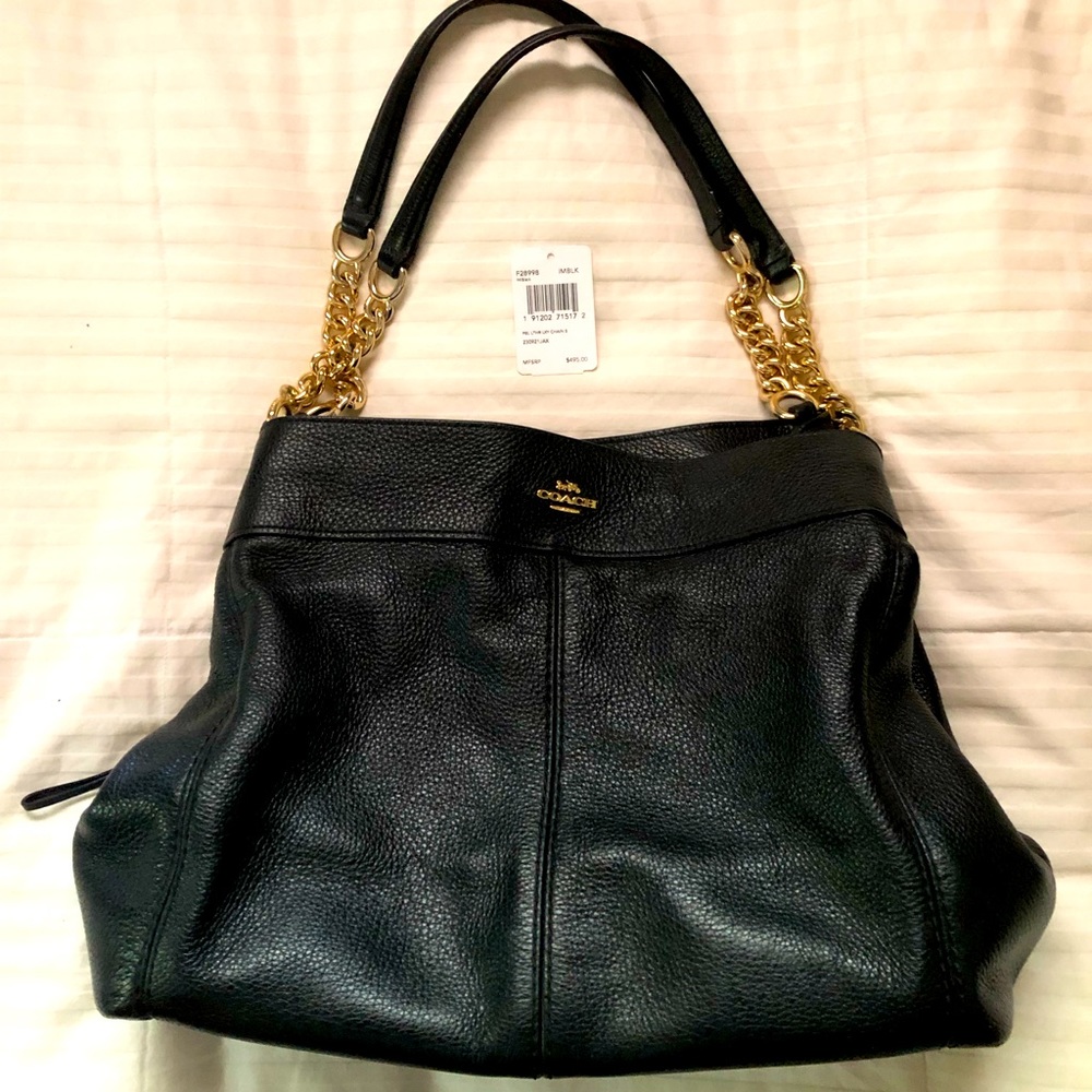 Coach Black Leather Bag with Luxury Gold Chain Detail, Magnetic Closure & Zipper